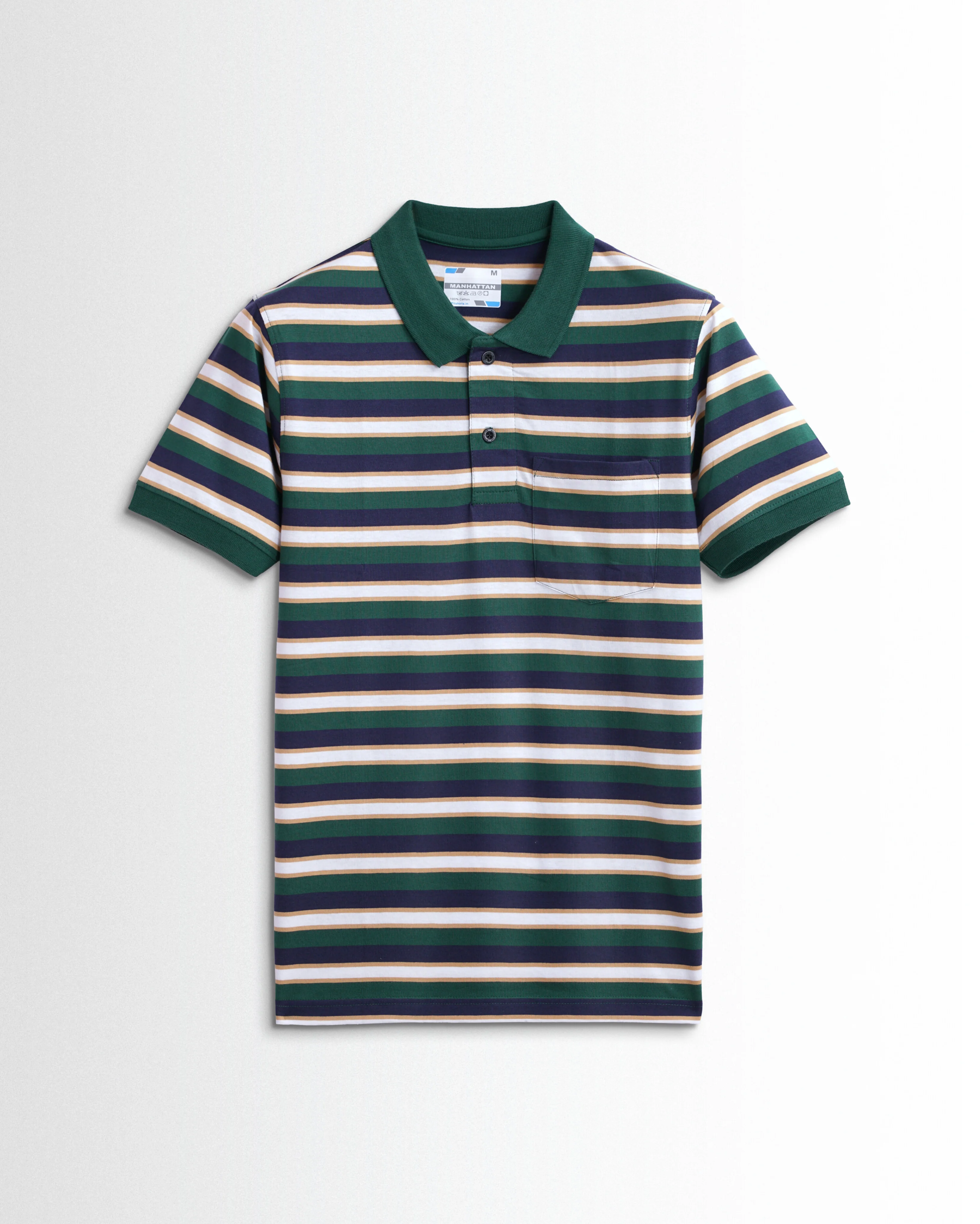 Premium Cotton Multi Striped Polo Pocket (Green/Navy/Beach Stripes)
