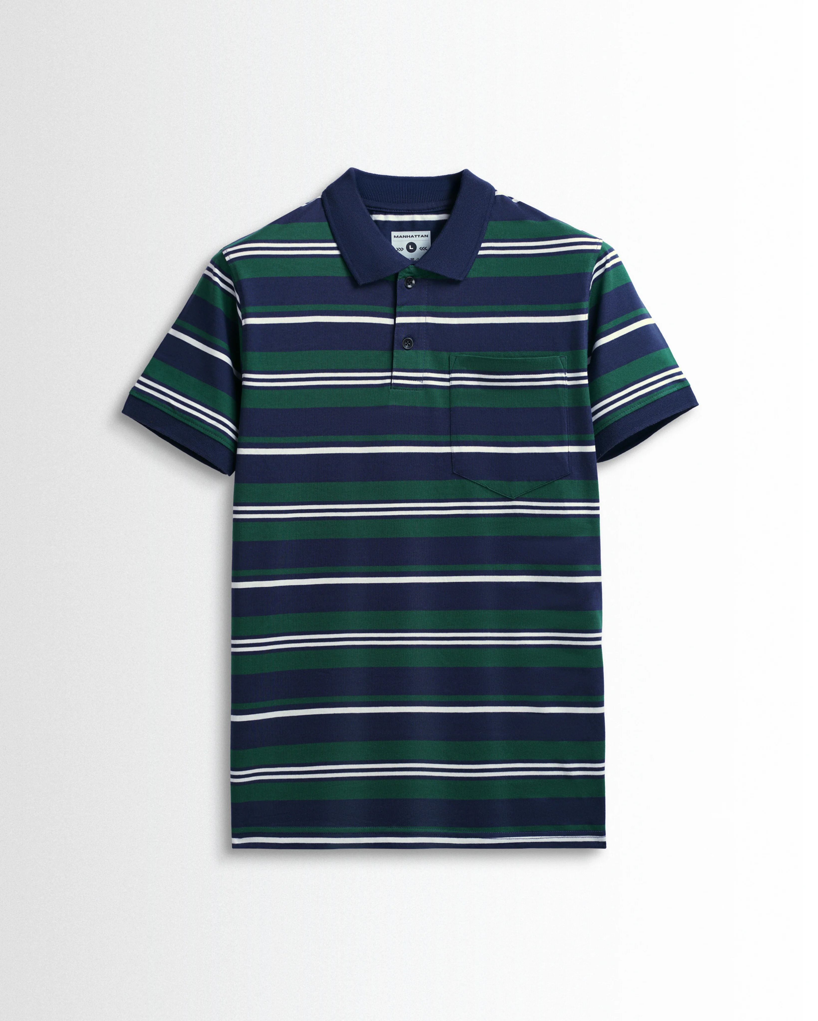 Premium Cotton Multi Striped Polo Pocket (Navy/Green/White Stripes)