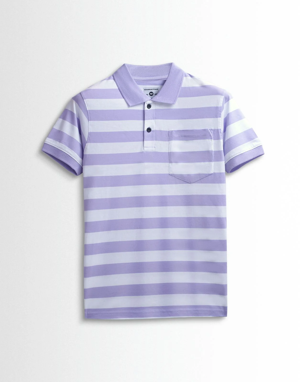 Premium Cotton Small Striped Polo Pocket (White/Lavender Stripes)