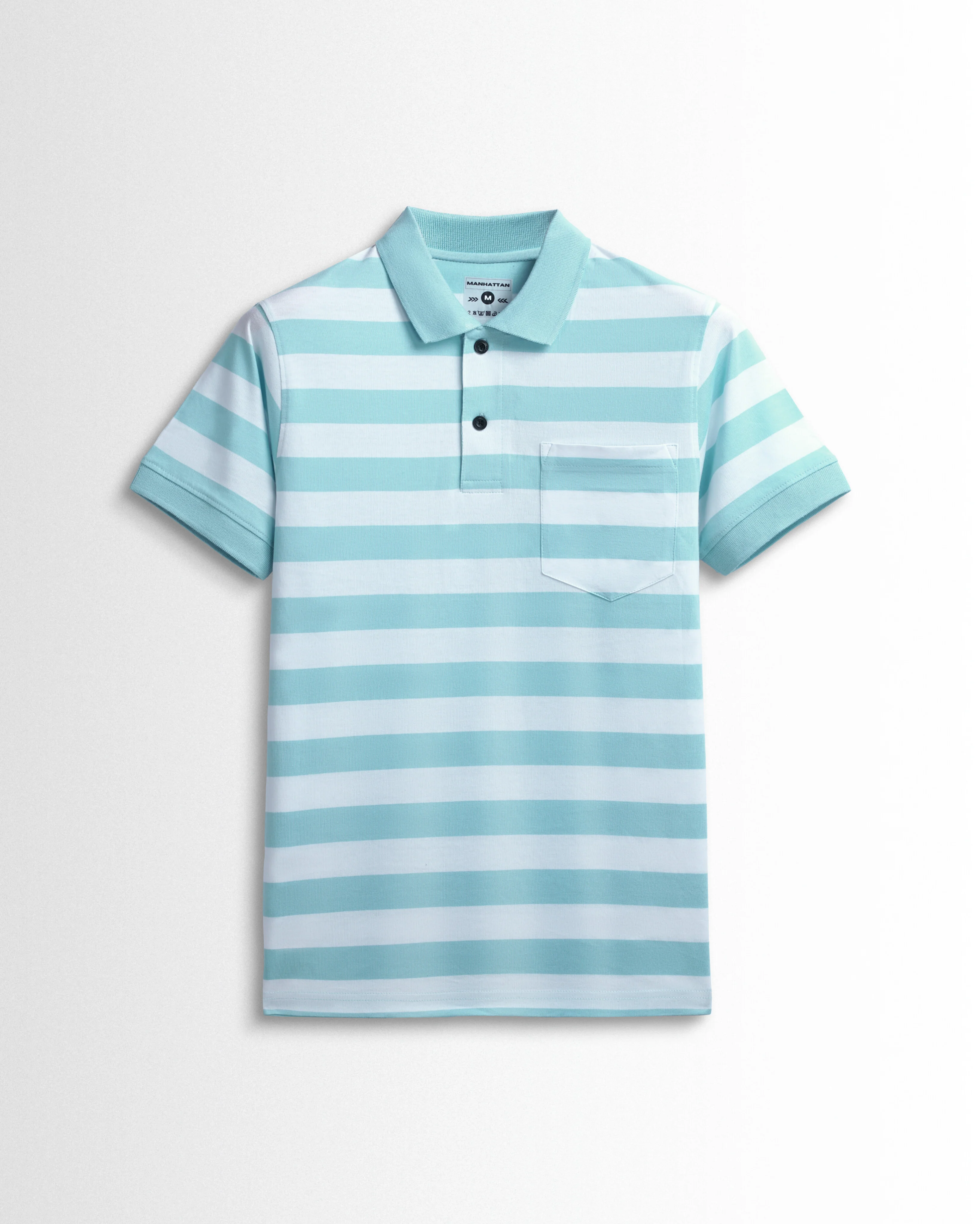 Pure Cotton Small Striped Polo Pocket (White/Sky Blue Stripes)